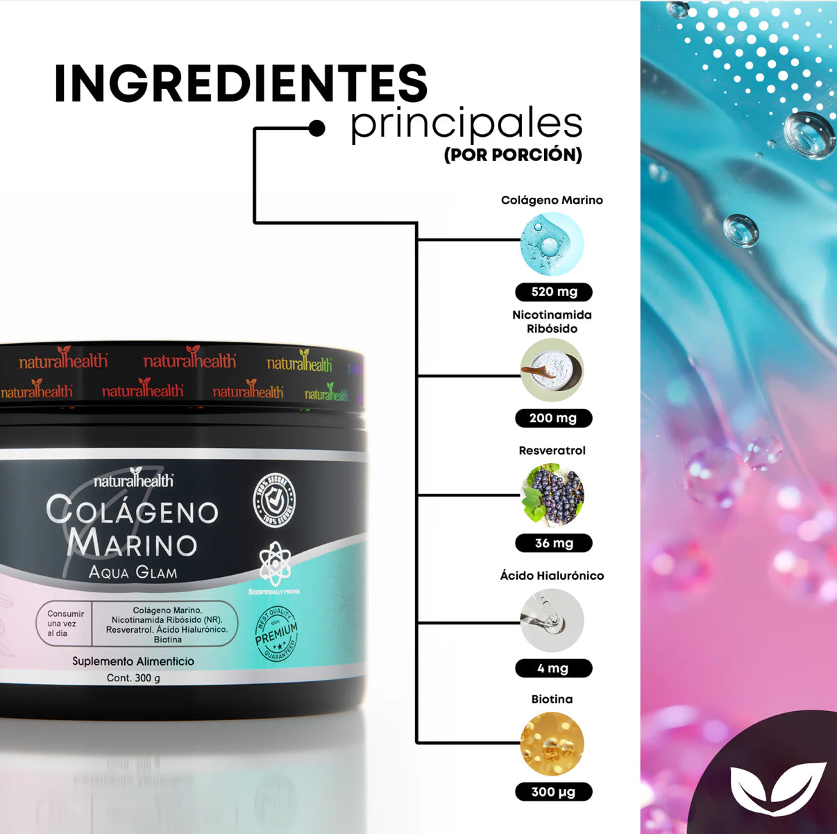 Aqua Glam (Precursor del NAD) | Colágeno marino, NR, Vitaminas, Biotina y Ácido
Hialurónico