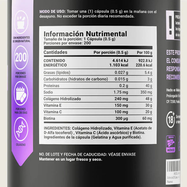 Collagen Bio | Colágeno Hidrolizado + Biotina 100 Cápsulas | 500 mg