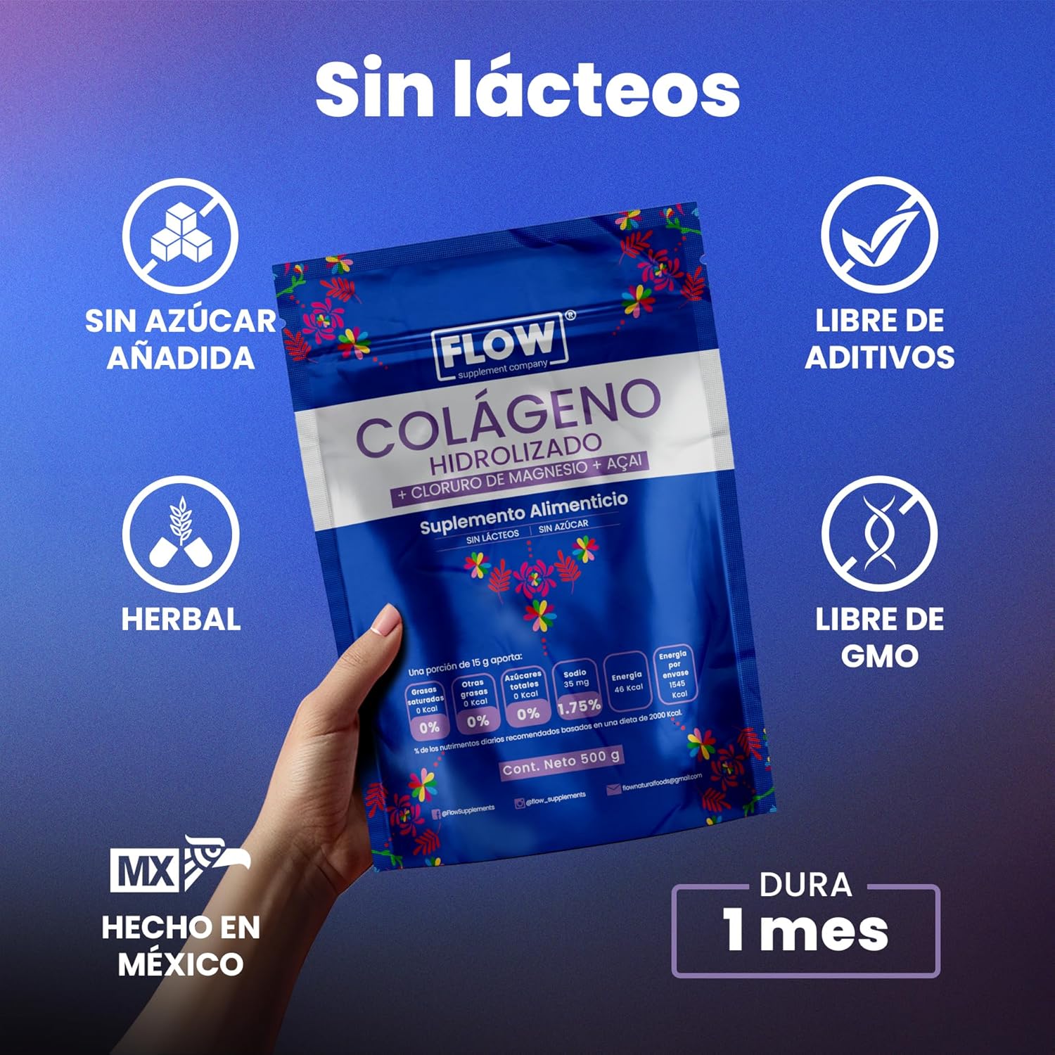 Colágeno Hidrolizado + Açaí + Cloruro de magnesio de 500 gramos