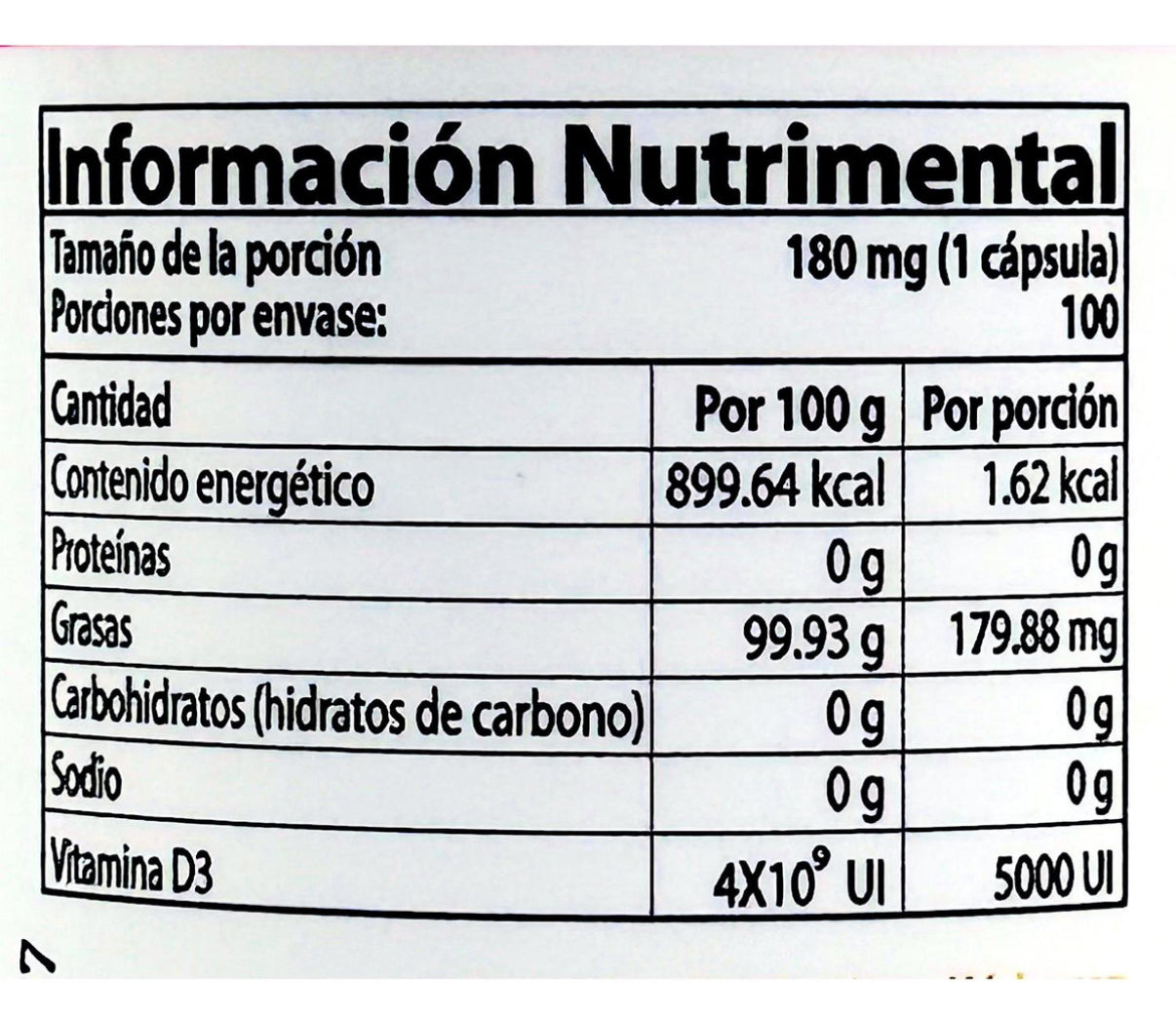 VITAMINA D3, FRASCO PEAD CON 100 CAPS DE
GELATINA SUAVE DE 180 MG C/U