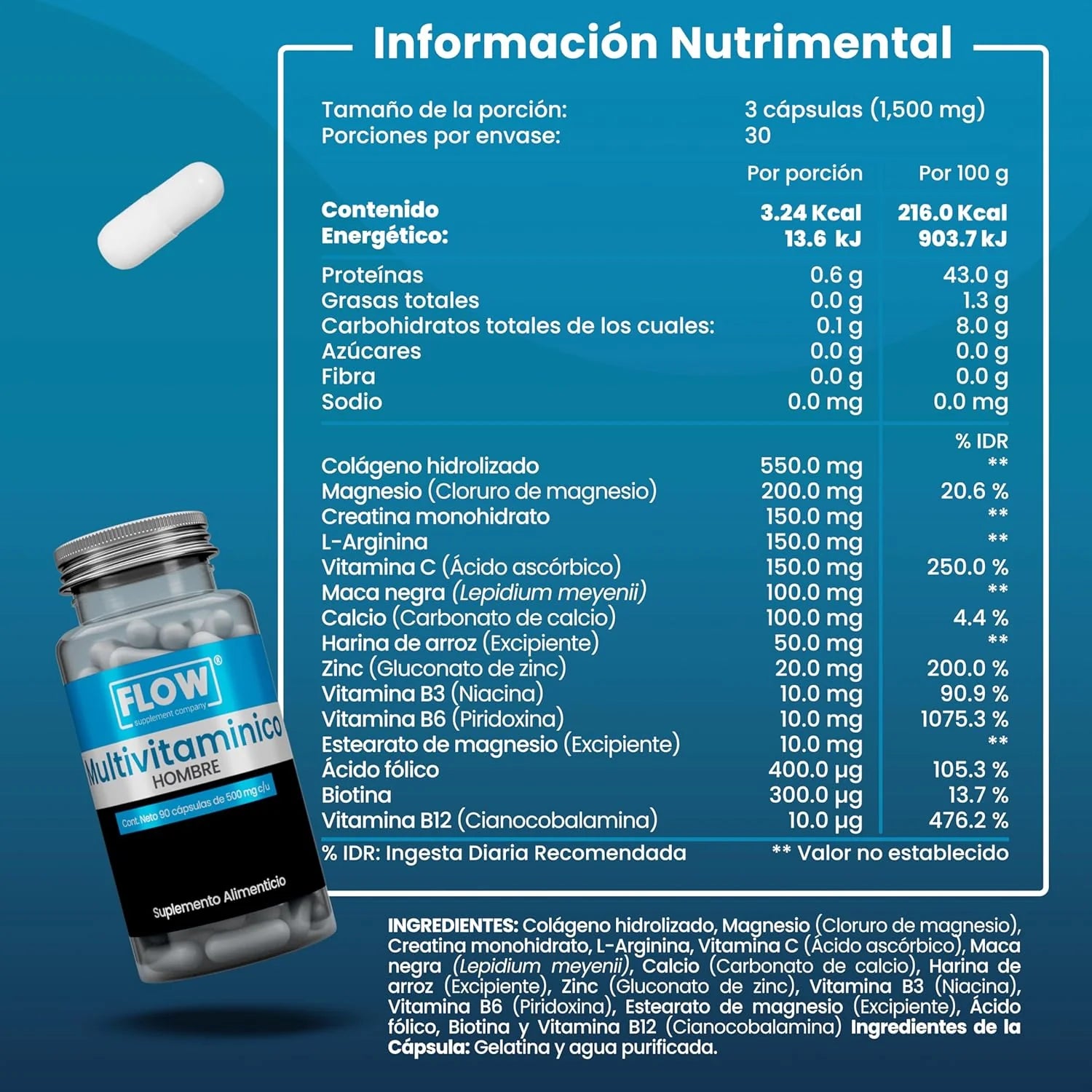 Multivitaminico Premium Hombre / 90 capsulas de 500 mg
