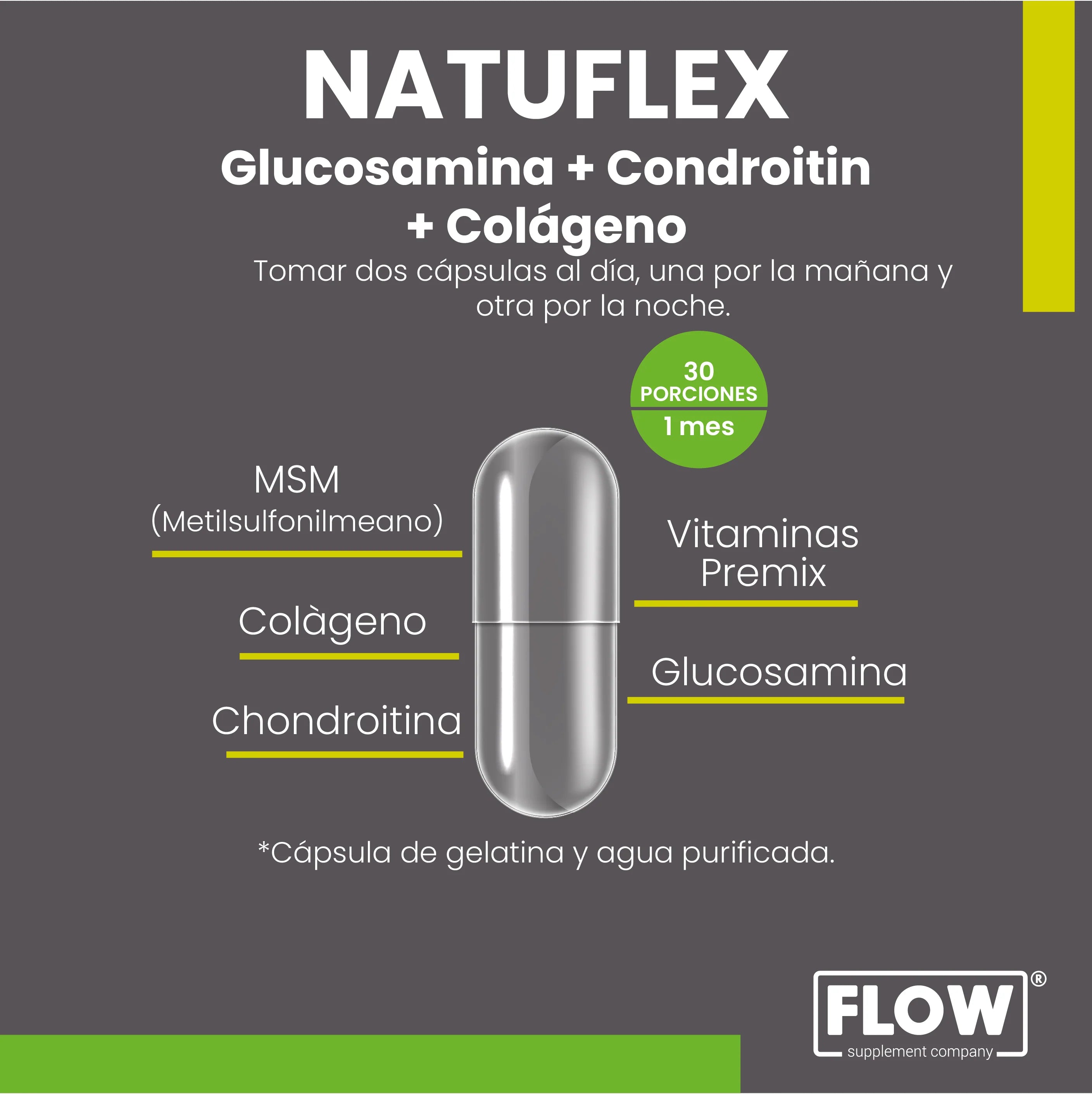 Natuflex - Glucosamina + Condroitina + Colageno / 90 cápsulas de 500 mg.
