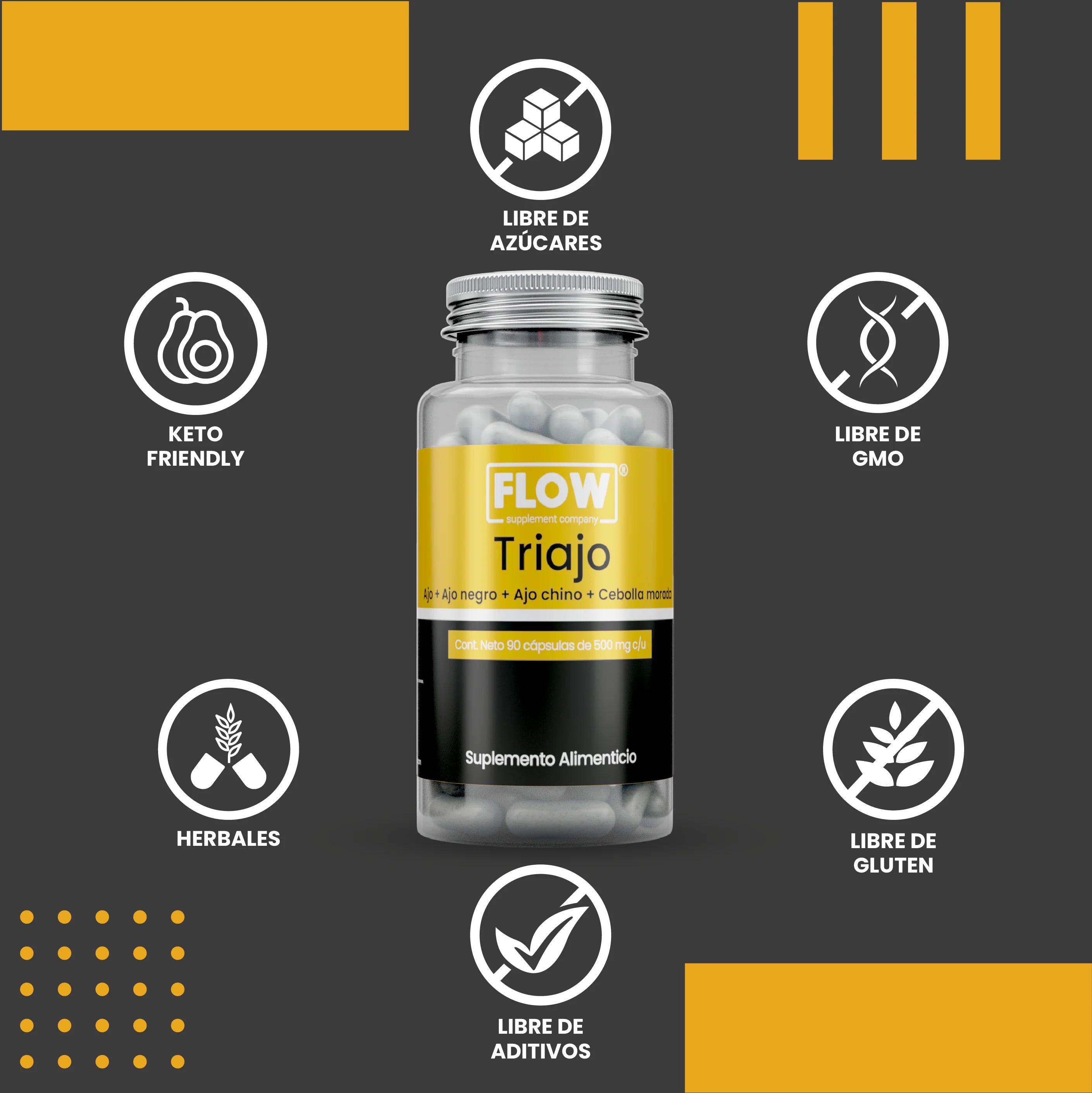 TRIAJO - Ajo Negro, Ajo Chino, Ajo y Cebolla / 90 cápsulas de 500 mg c/u