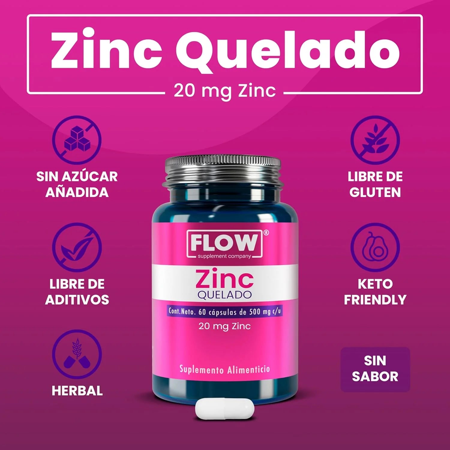 Zinc / 60 cápsulas de500 mg.